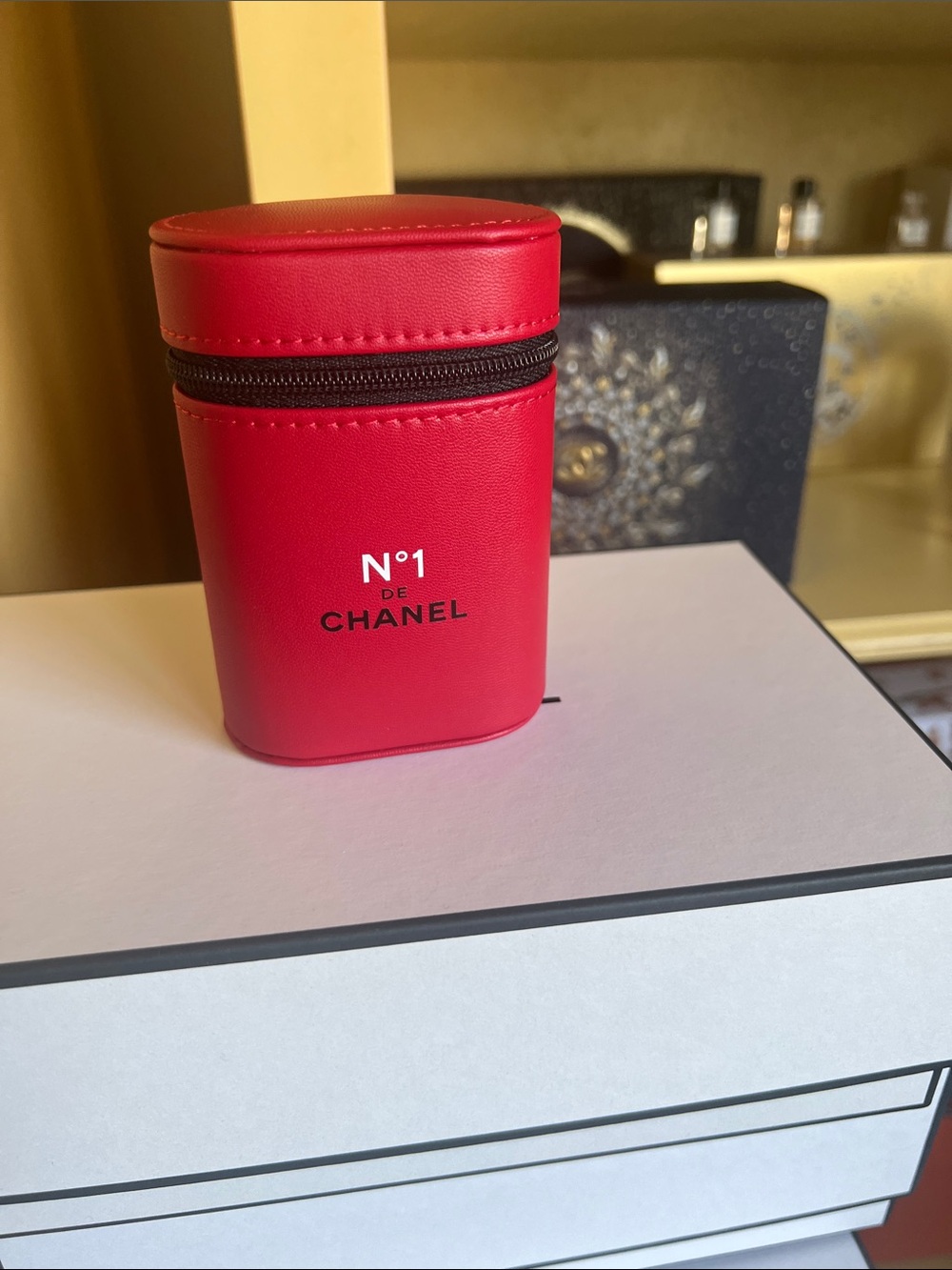 CHANEL N°1 Red Leather Travel Case with Black Zip